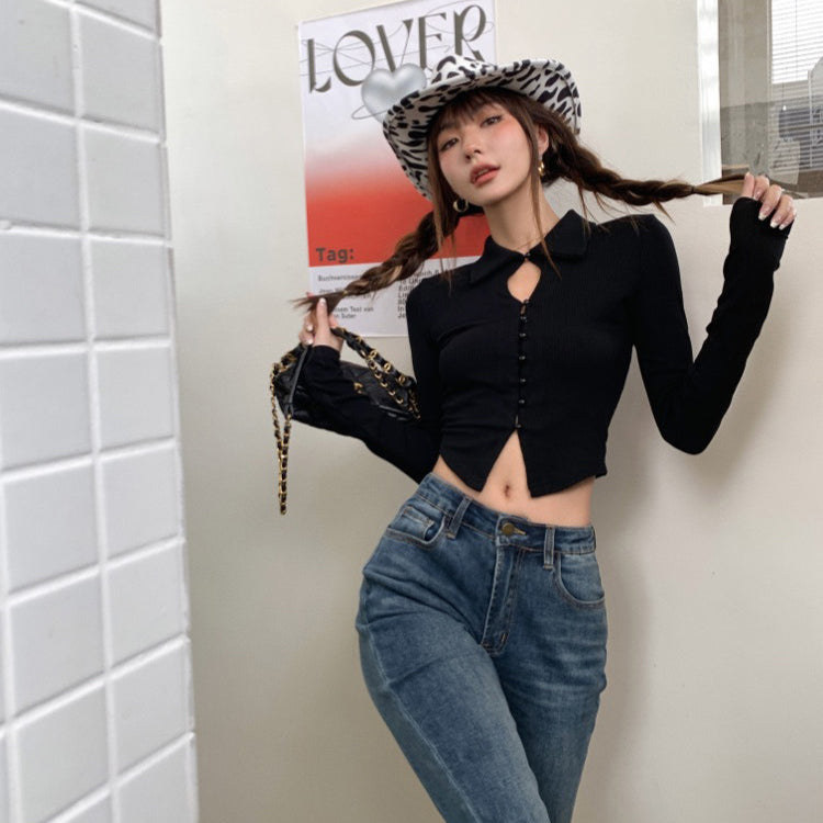 歐美辣妹珍珠扣短上衣-25571