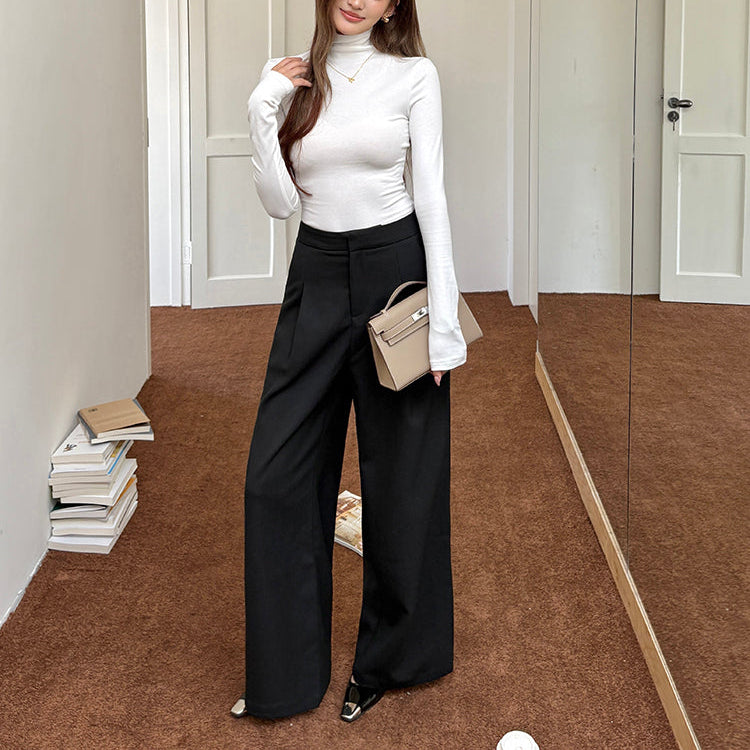 咖色高腰寬鬆落地西裝褲-25649