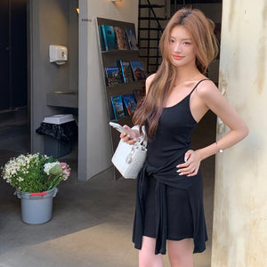 二十世紀少女帶胸墊繫腰假兩件短洋-25151