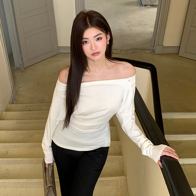 露肩掐腰一字領長版上衣-25663