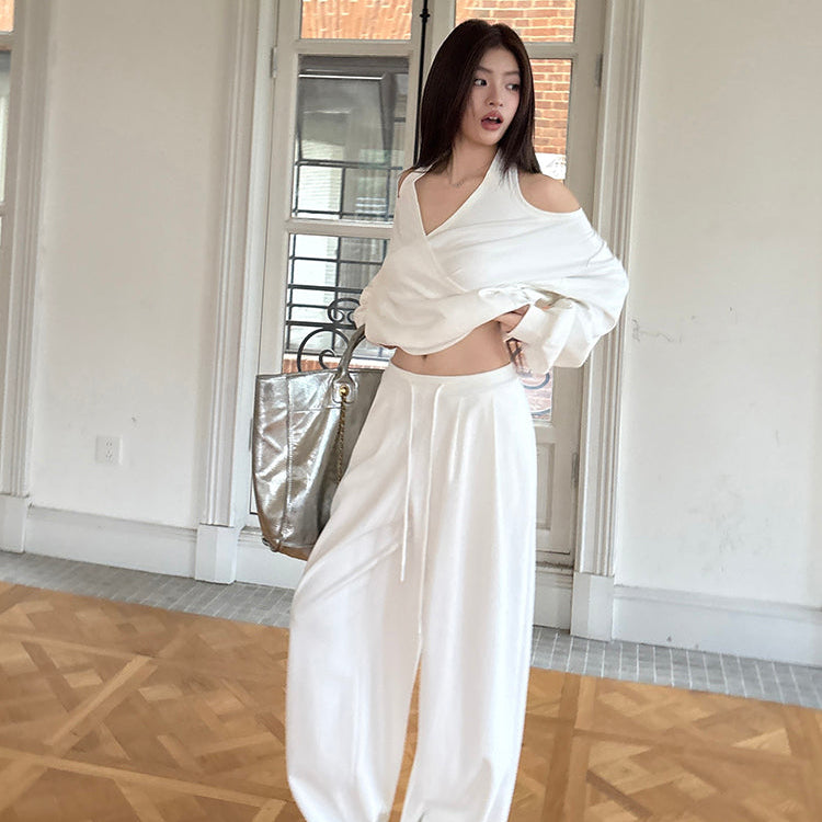 潮模掛脖衛衣抽繩衛褲兩件套-25637