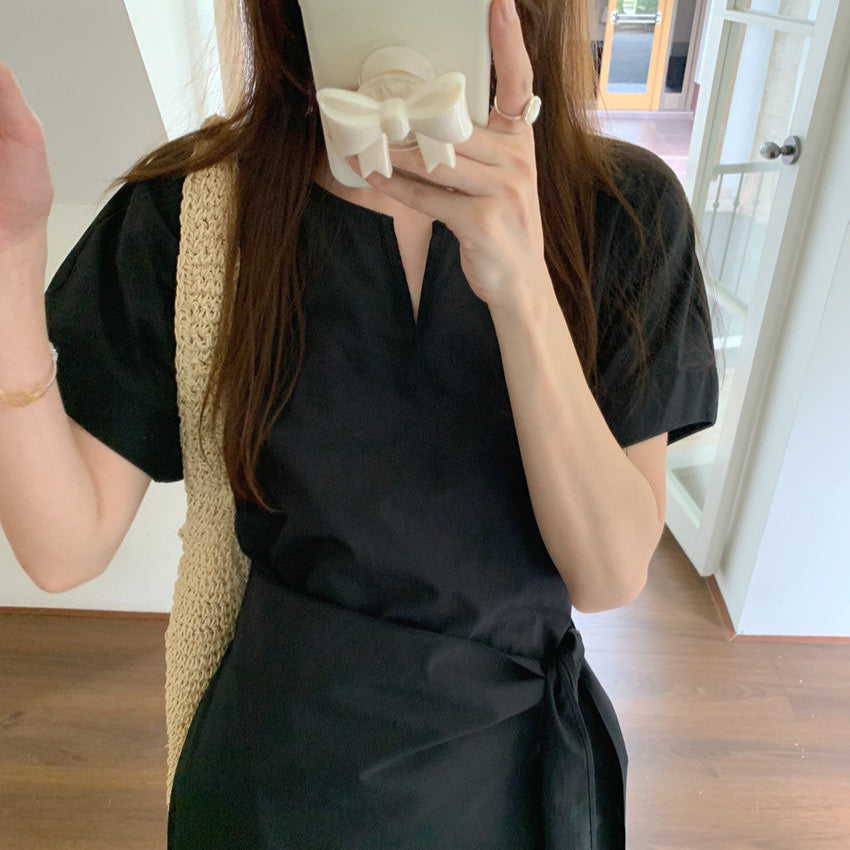 清新小V領綁帶式收腰長洋-25341