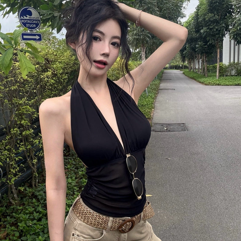 抽褶收腰高彈網紗掛脖露背上衣-25485