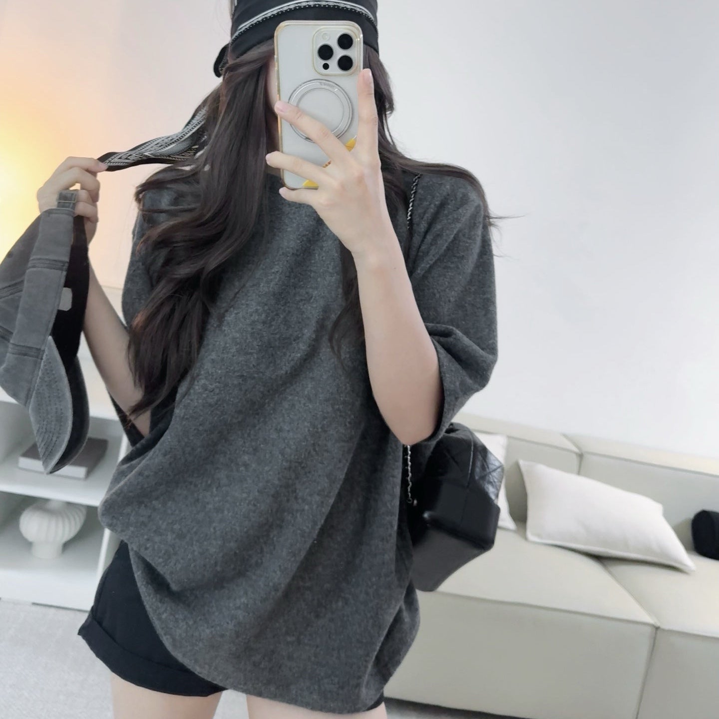 自留款深灰大廓形加厚中長版上衣-25671