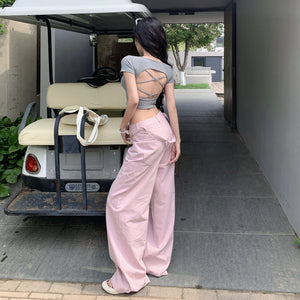 露背綁帶修身露臍短版bratop上衣-25457