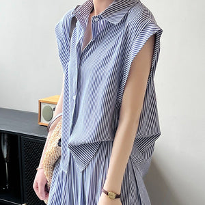 輕柔慢舞藍白直紋短袖襯衫長裙套裝-23308