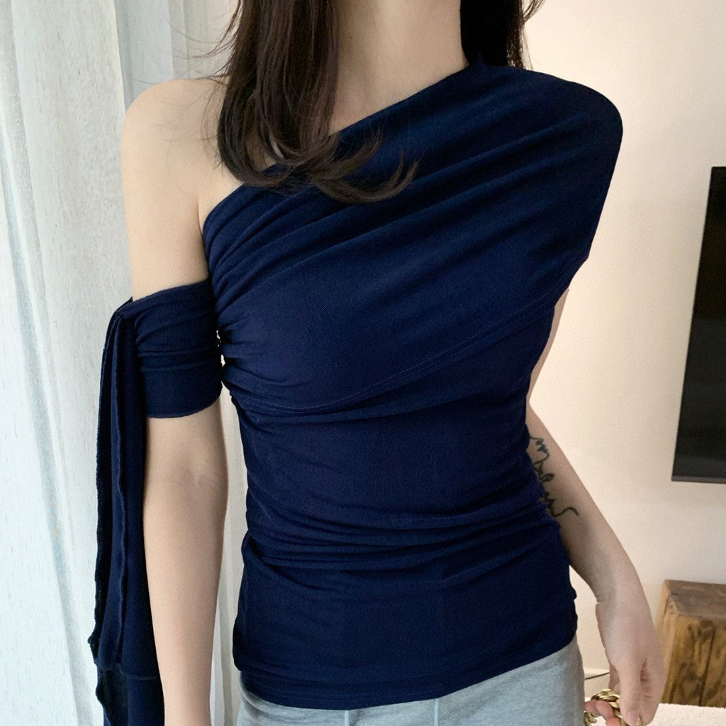 女人香深藍飄帶露肩上衣-25578