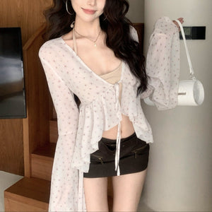 甜美V領碎花荷葉邊喇叭袖雪紡衫-25474