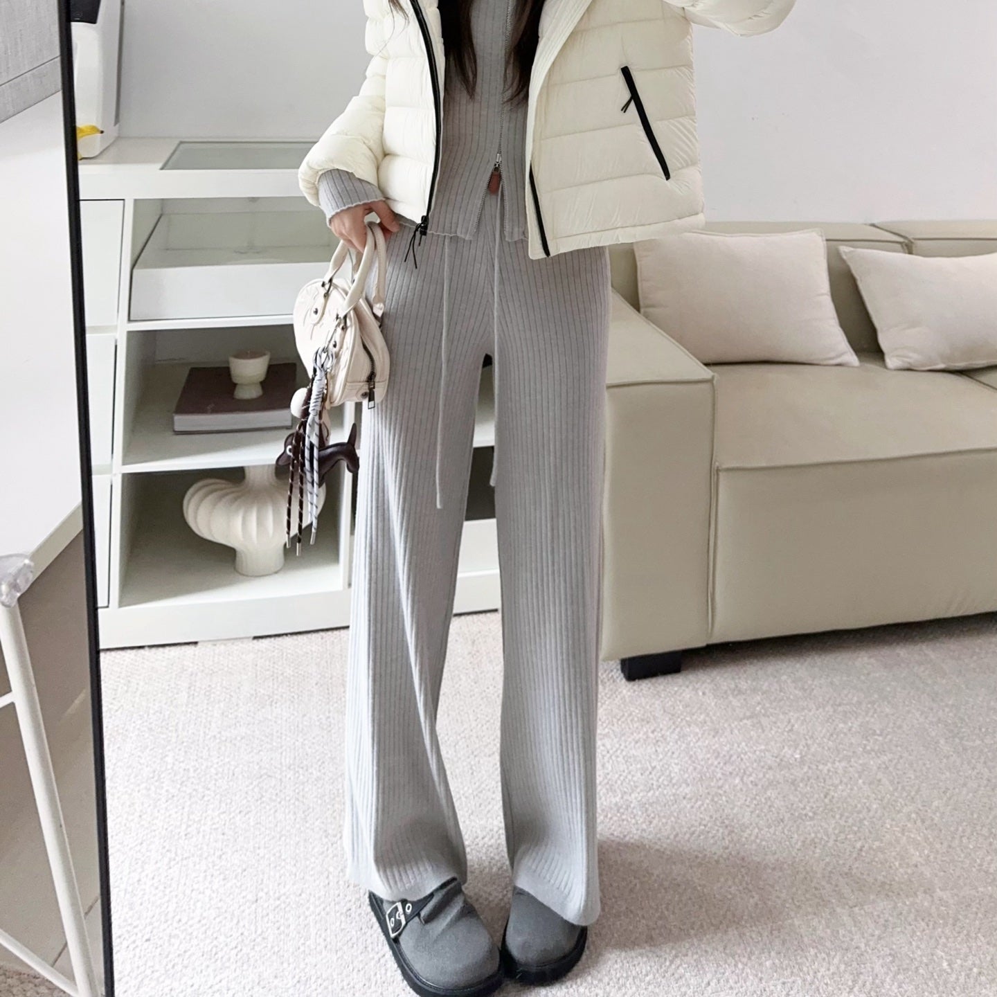 拉鍊坑條針織外套鬆緊高腰直筒長褲套裝-25676