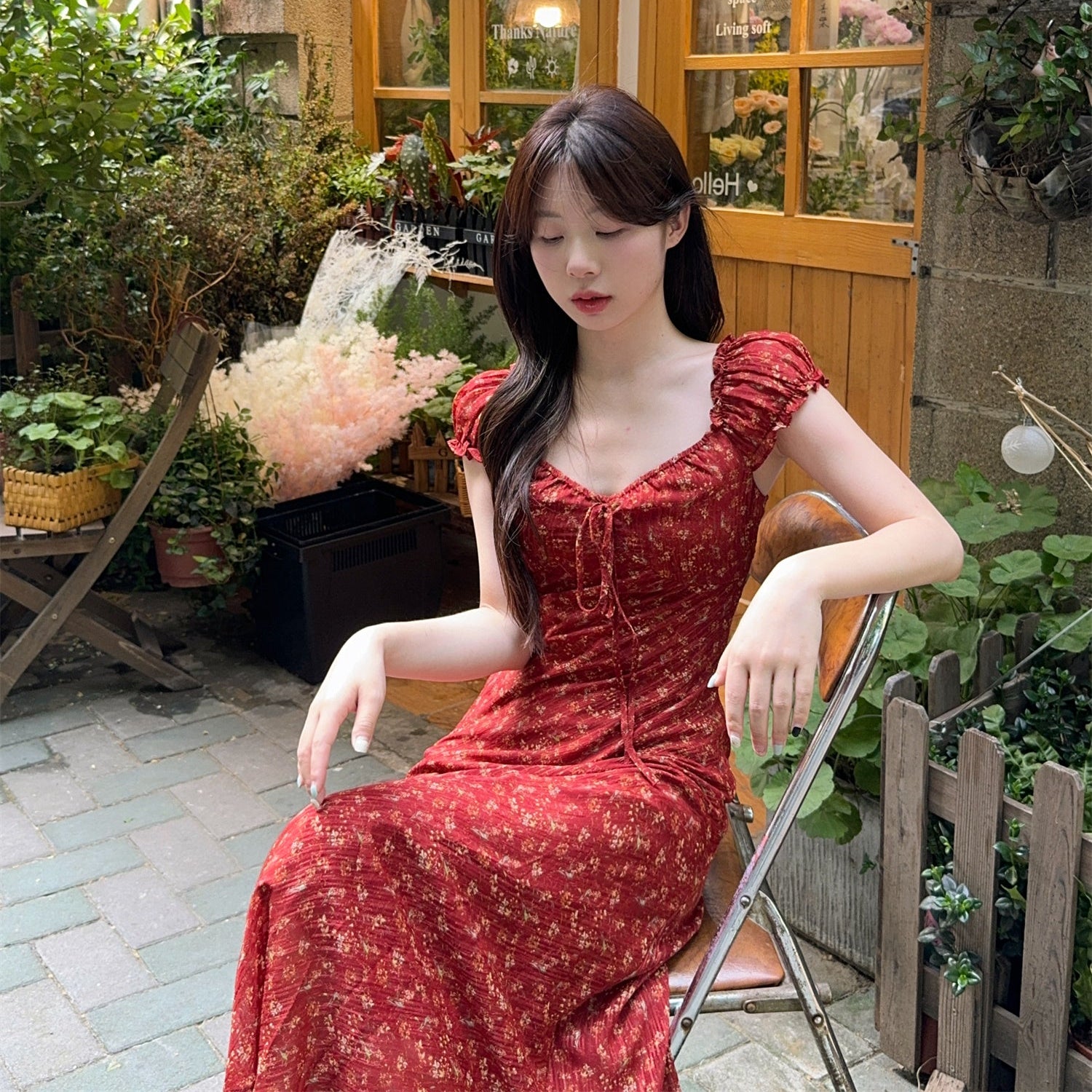 紅色小包袖蝴蝶結繫帶長洋-25305