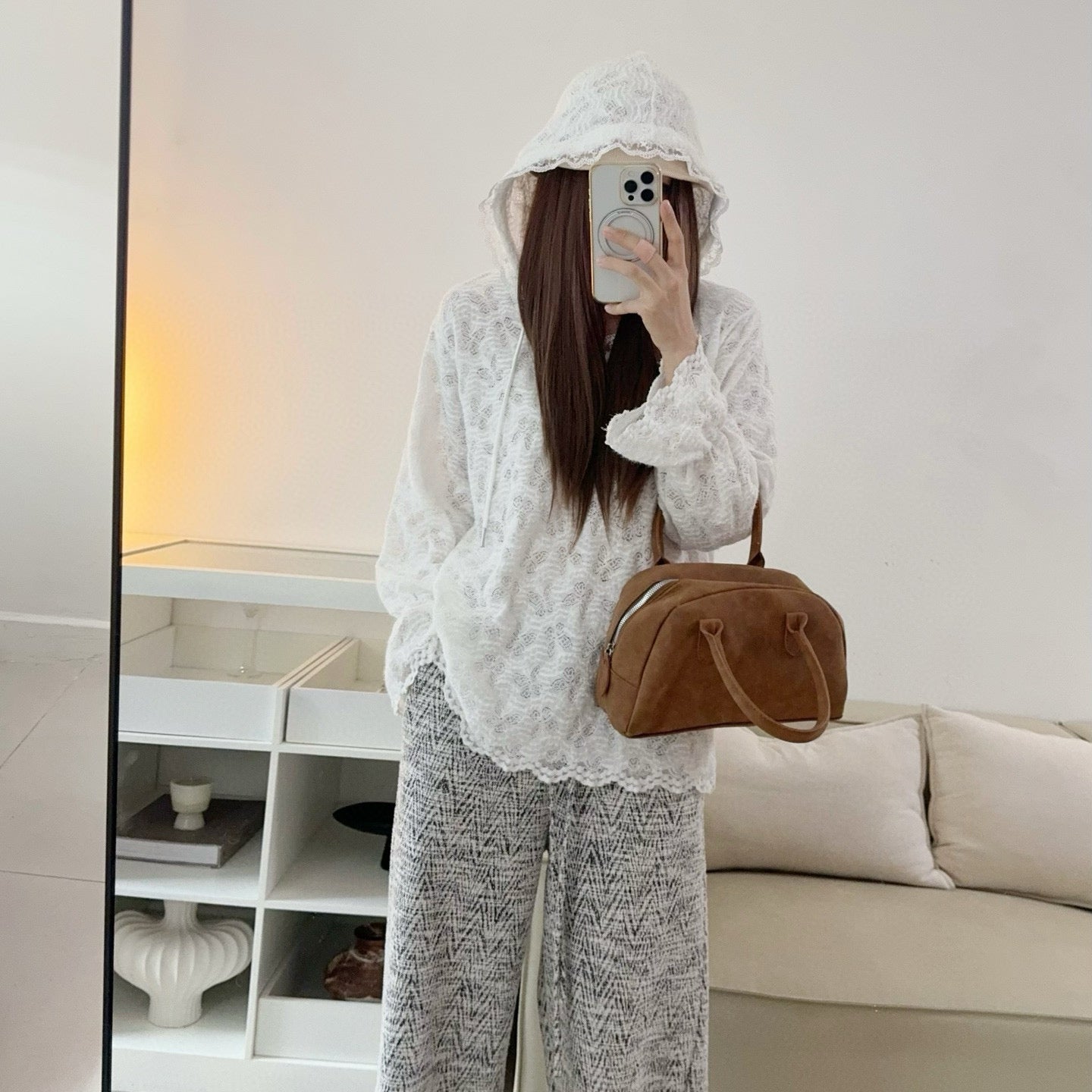 潮流仙氣連帽加絨蕾絲衫-25674