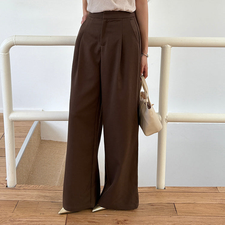 咖色高腰寬鬆落地西裝褲-25649