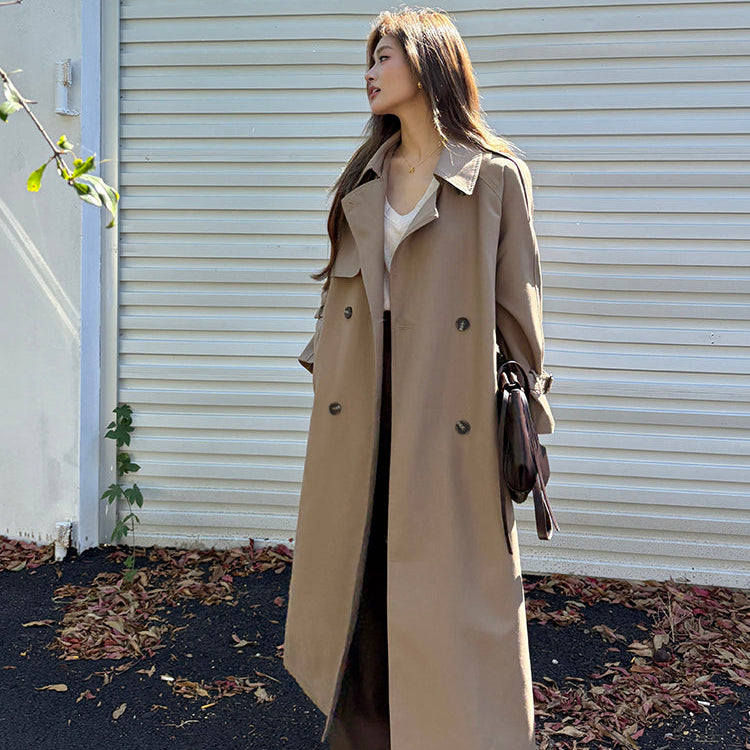 倫敦人寬鬆繫帶過膝長版風衣大衣-25654