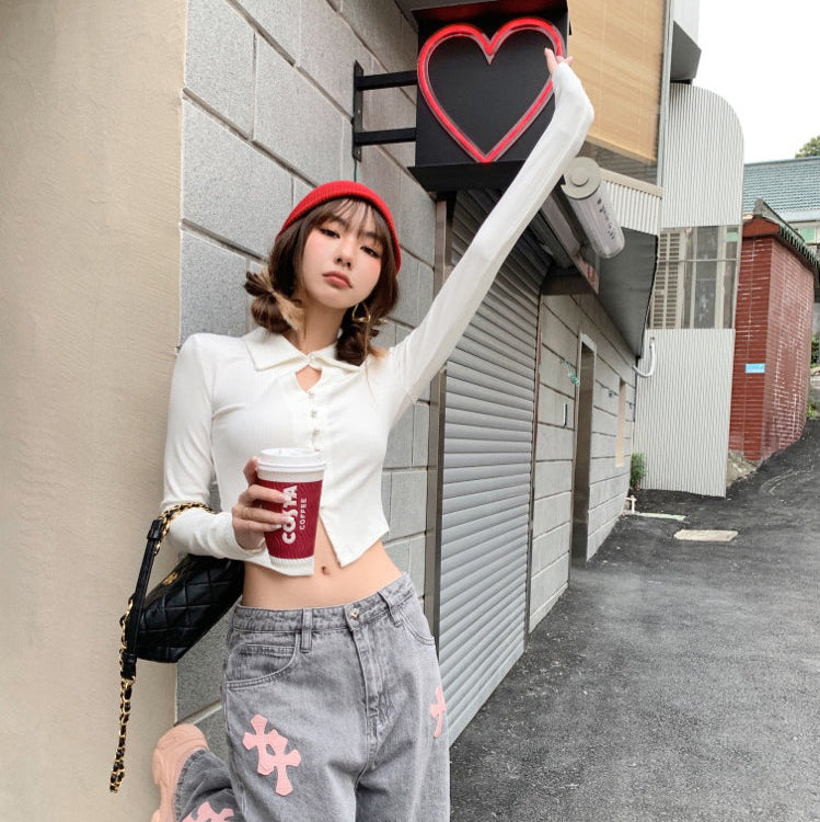 歐美辣妹珍珠扣短上衣-25571