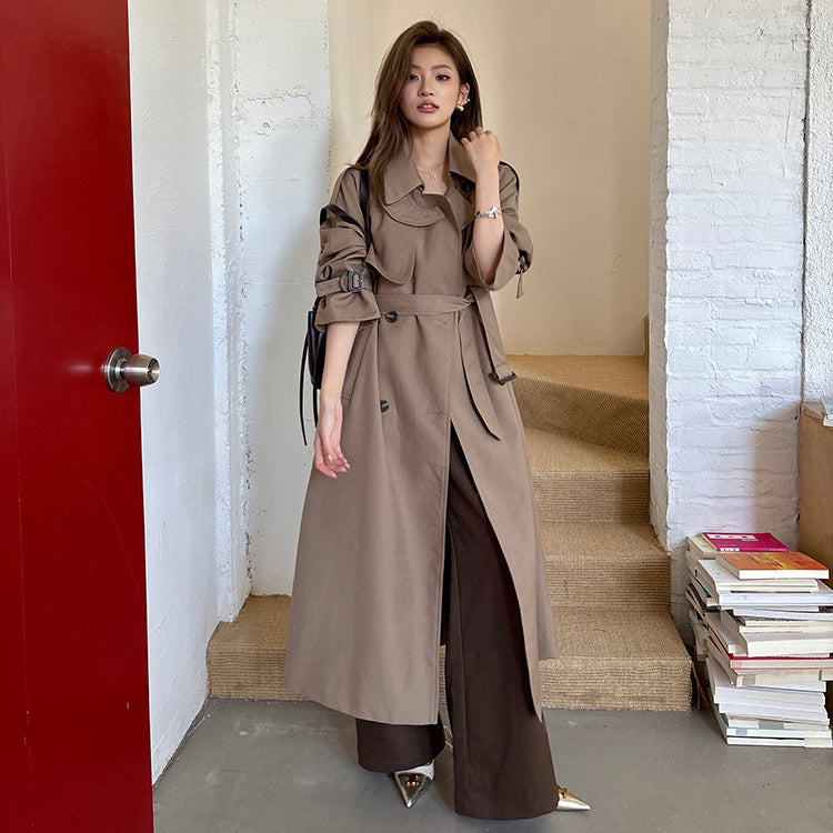 倫敦人寬鬆繫帶過膝長版風衣大衣-25654