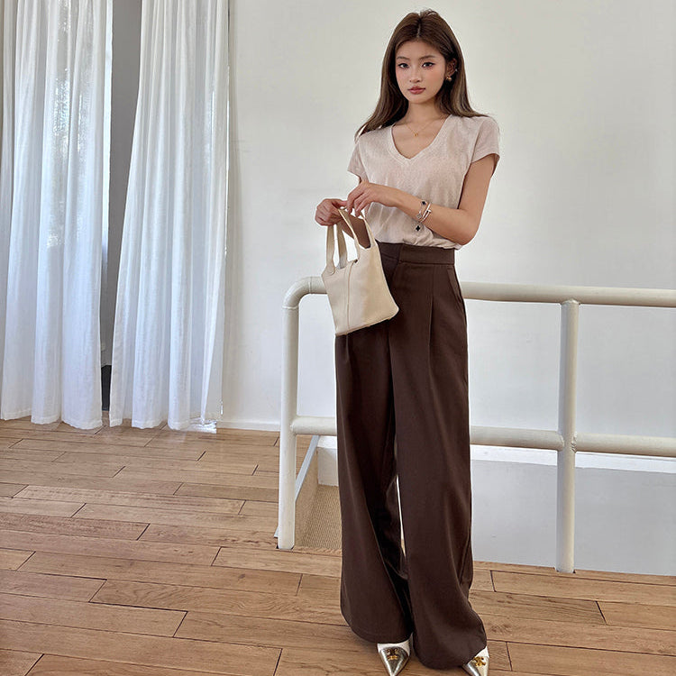 咖色高腰寬鬆落地西裝褲-25649