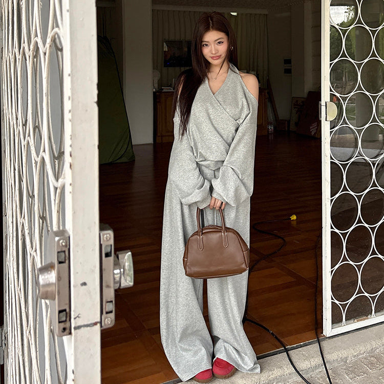 潮模掛脖衛衣抽繩衛褲兩件套-25637