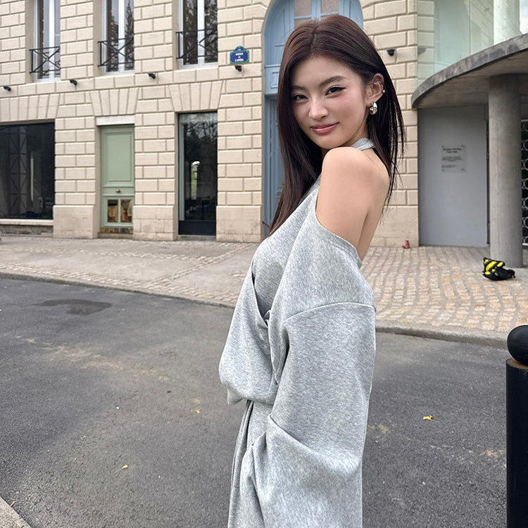 潮模掛脖衛衣抽繩衛褲兩件套-25637