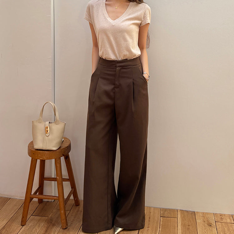 咖色高腰寬鬆落地西裝褲-25649