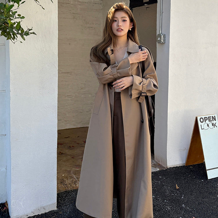 倫敦人寬鬆繫帶過膝長版風衣大衣-25654