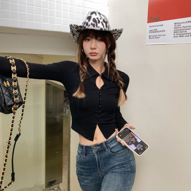 歐美辣妹珍珠扣短上衣-25571