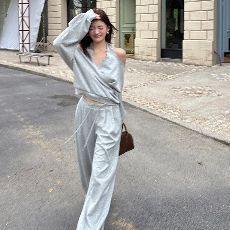 潮模掛脖衛衣抽繩衛褲兩件套-25637