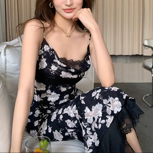 黑蕾絲鏤空碎花長洋-25267