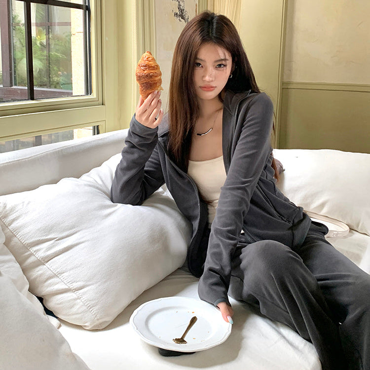 深灰絨面連帽外套垂感直筒褲兩件套-25630