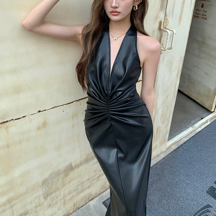 美艷巫女深V掛脖抓皺皮長洋-25241