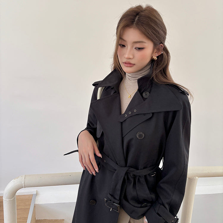 黑色經典重工中長風衣-25653