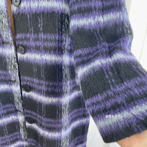 靛紫格紋單排扣寬鬆毛呢長大衣-23630