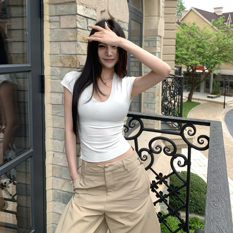 深U領緊身小飛袖彈力上衣-25481