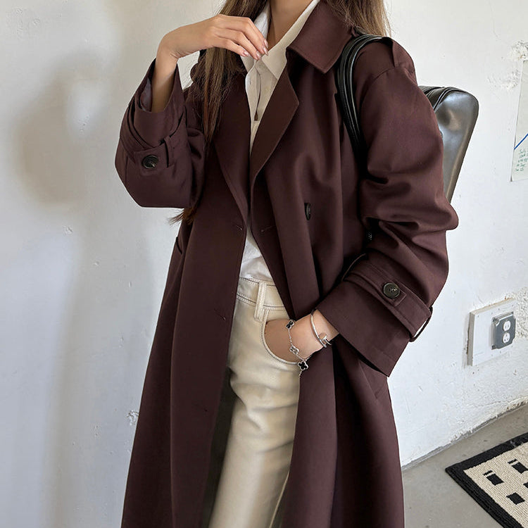 棕紅高級感雙排扣中長風衣-25652