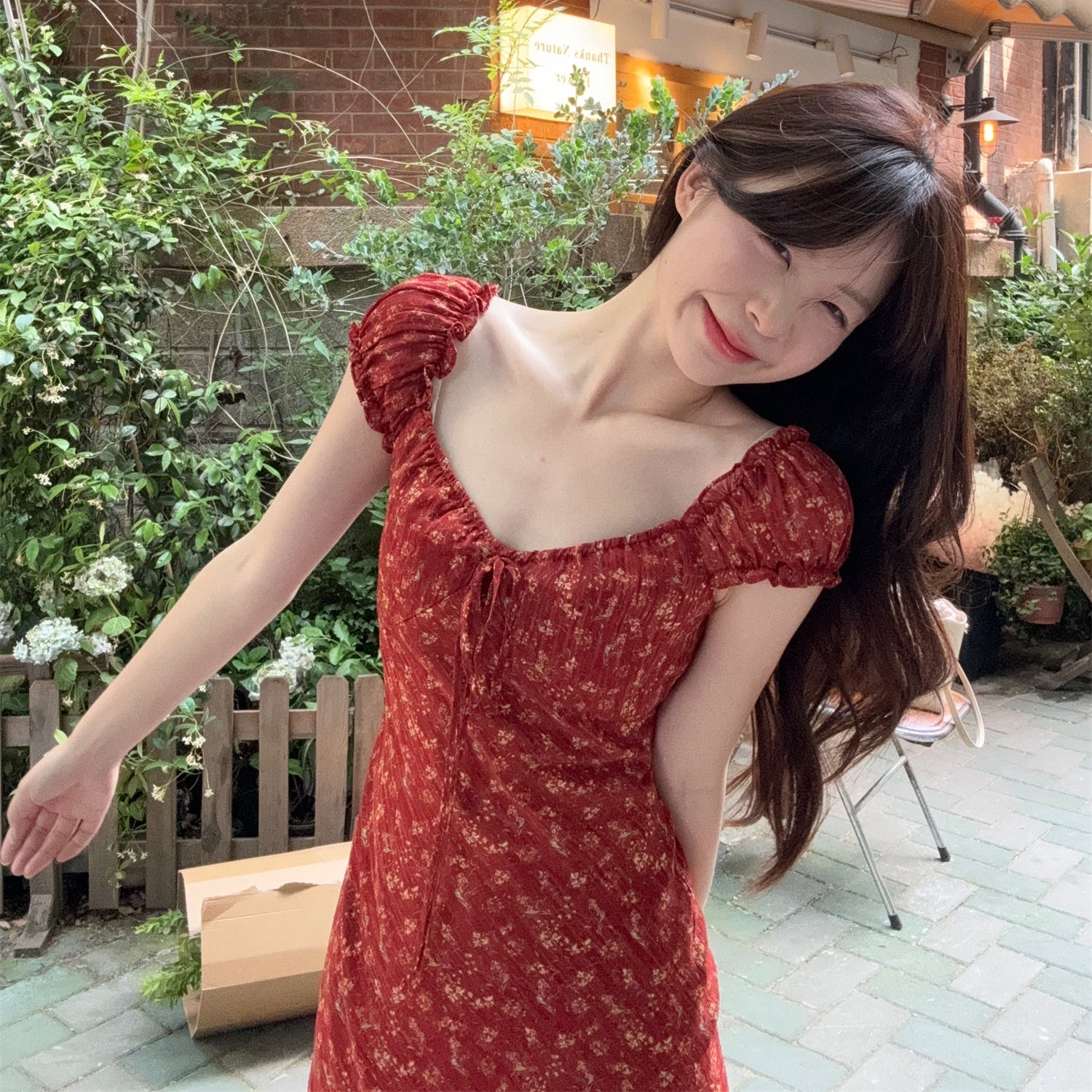 紅色小包袖蝴蝶結繫帶長洋-25305
