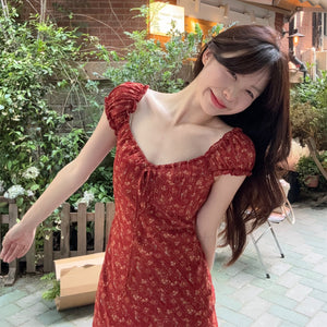 紅色小包袖蝴蝶結繫帶長洋-25305