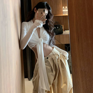 蝴蝶結綁帶露臍開衫上衣-25466