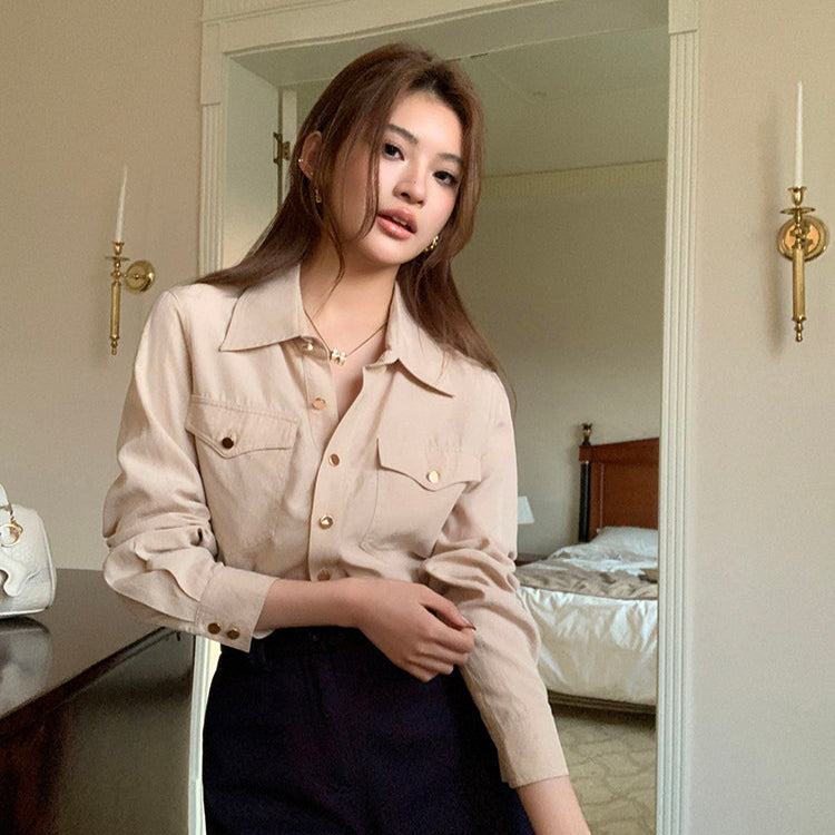 杏色口袋金扣襯衫-25536
