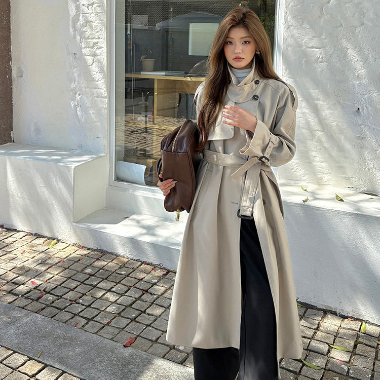 倫敦人寬鬆繫帶過膝長版風衣大衣-25654