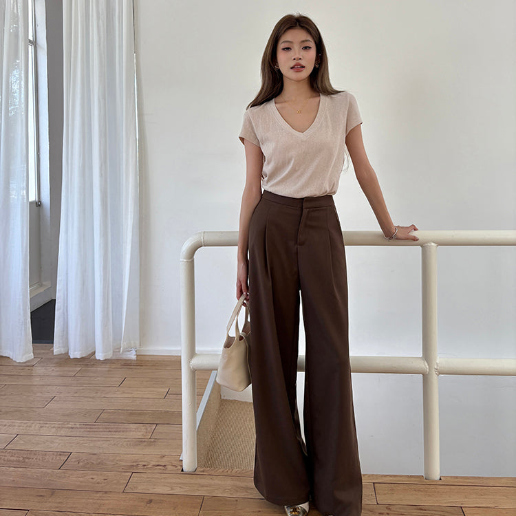 咖色高腰寬鬆落地西裝褲-25649
