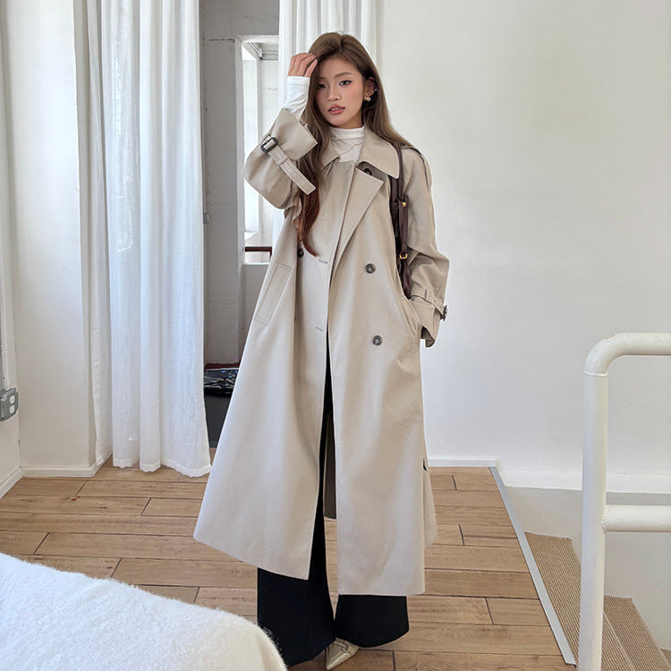 倫敦人寬鬆繫帶過膝長版風衣大衣-25654