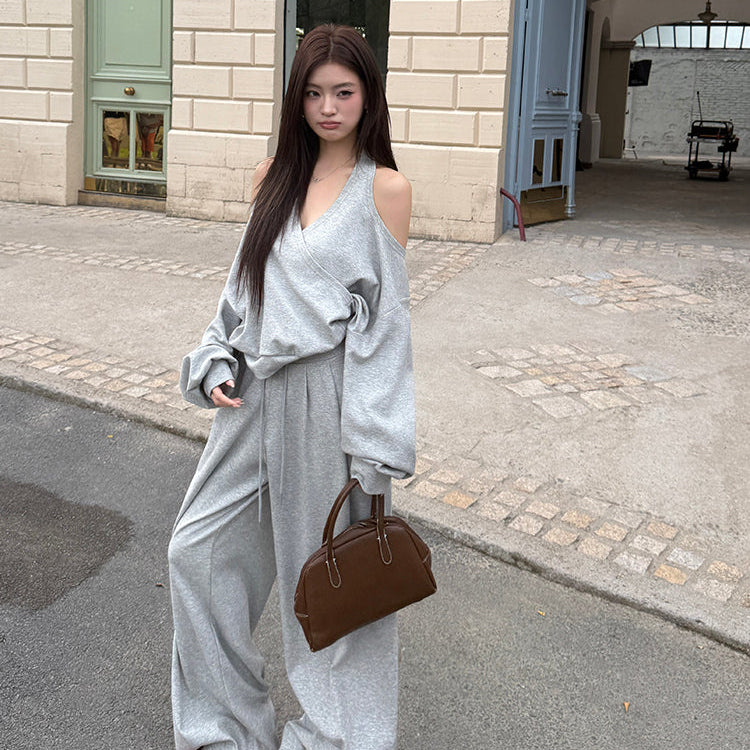 潮模掛脖衛衣抽繩衛褲兩件套-25637