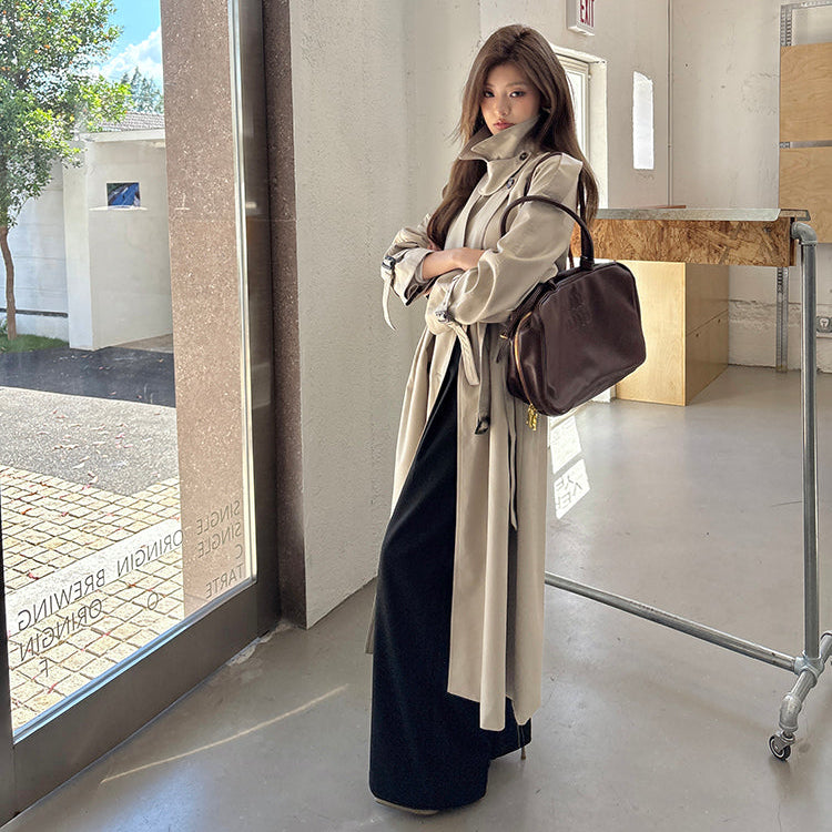 倫敦人寬鬆繫帶過膝長版風衣大衣-25654