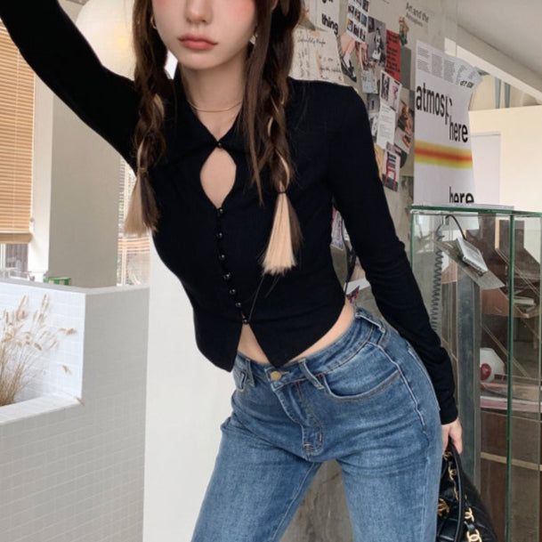 歐美辣妹珍珠扣短上衣-25571