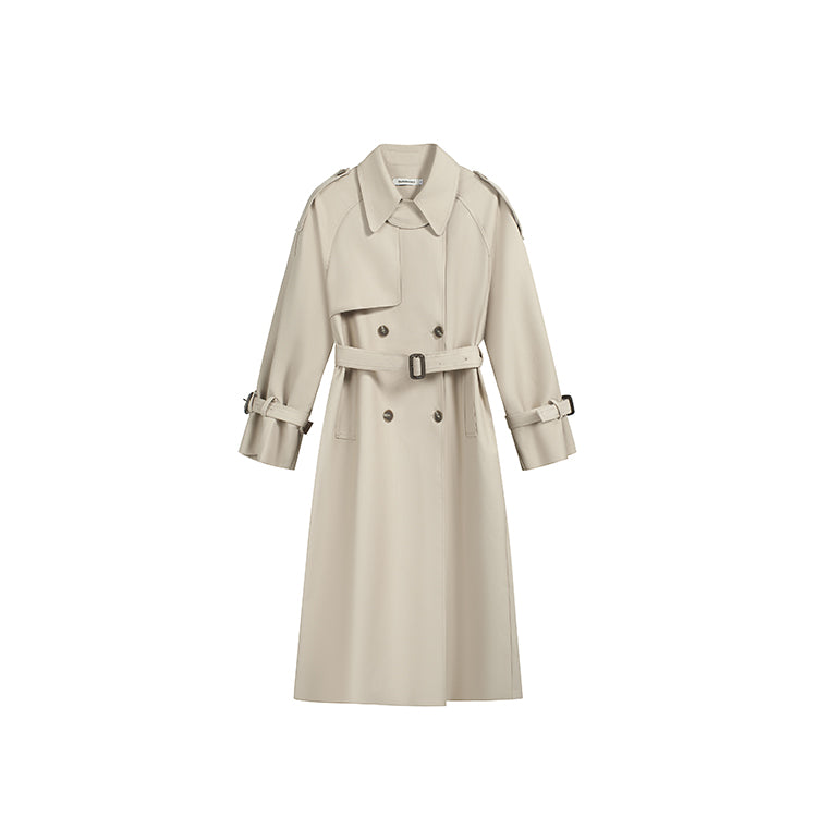 倫敦人寬鬆繫帶過膝長版風衣大衣-25654