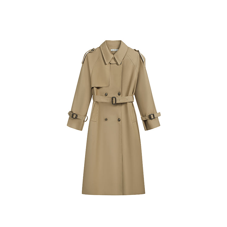 倫敦人寬鬆繫帶過膝長版風衣大衣-25654