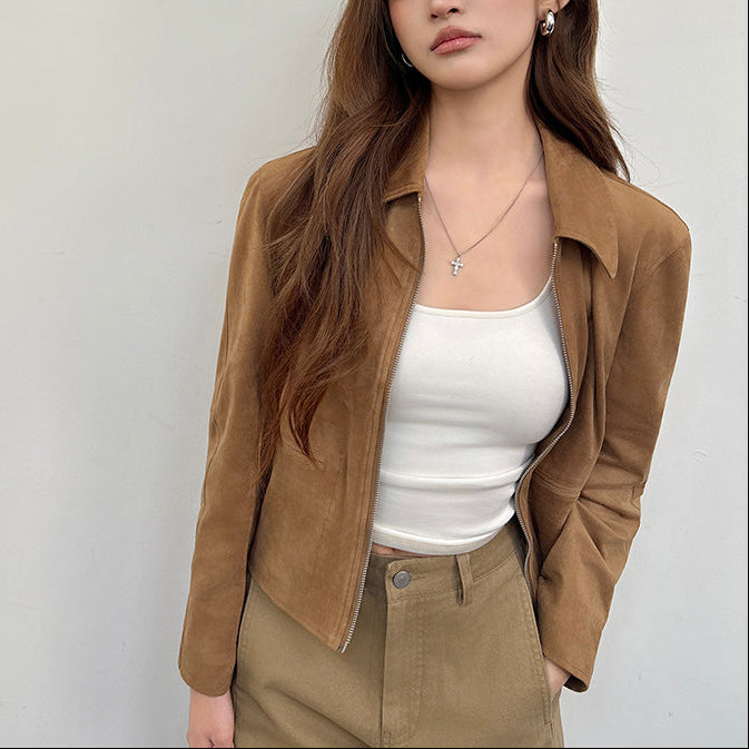 深卡其牛皮絨拉鏈皮外套-25656