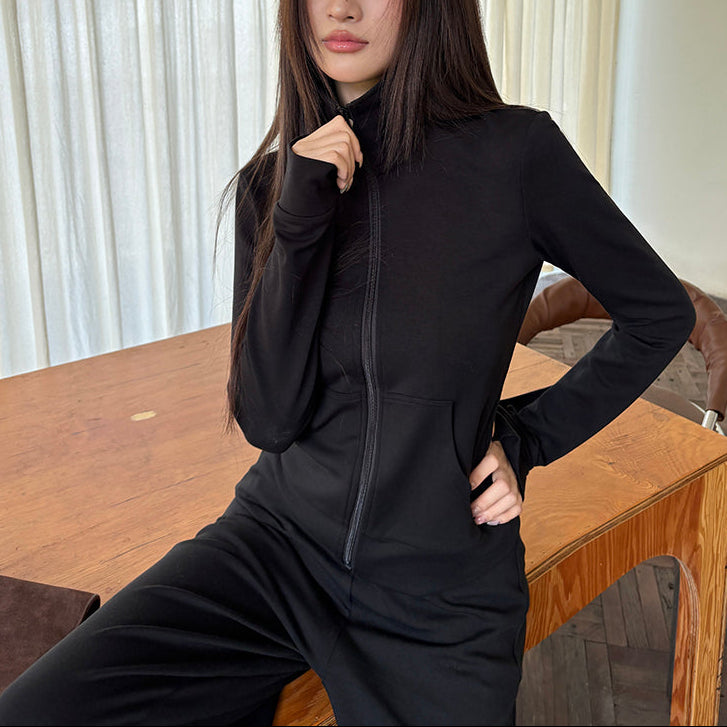 秘密同盟黑色立領修身外套寬褲兩件套-25636