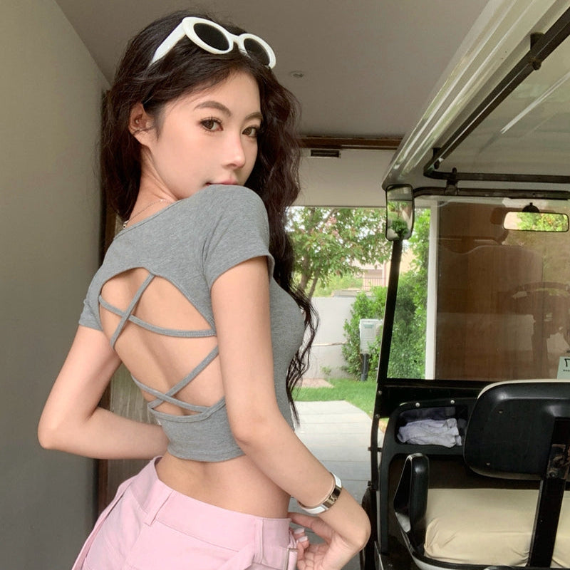 露背綁帶修身露臍短版bratop上衣-25457