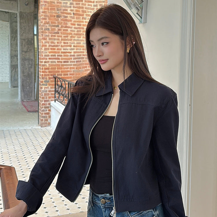 海藍翻領工裝短版棉夾克-25684