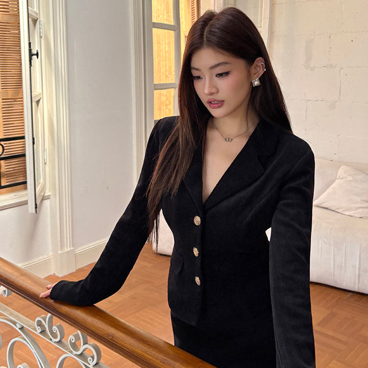 黑色小香風金扣收腰修身西外-25643